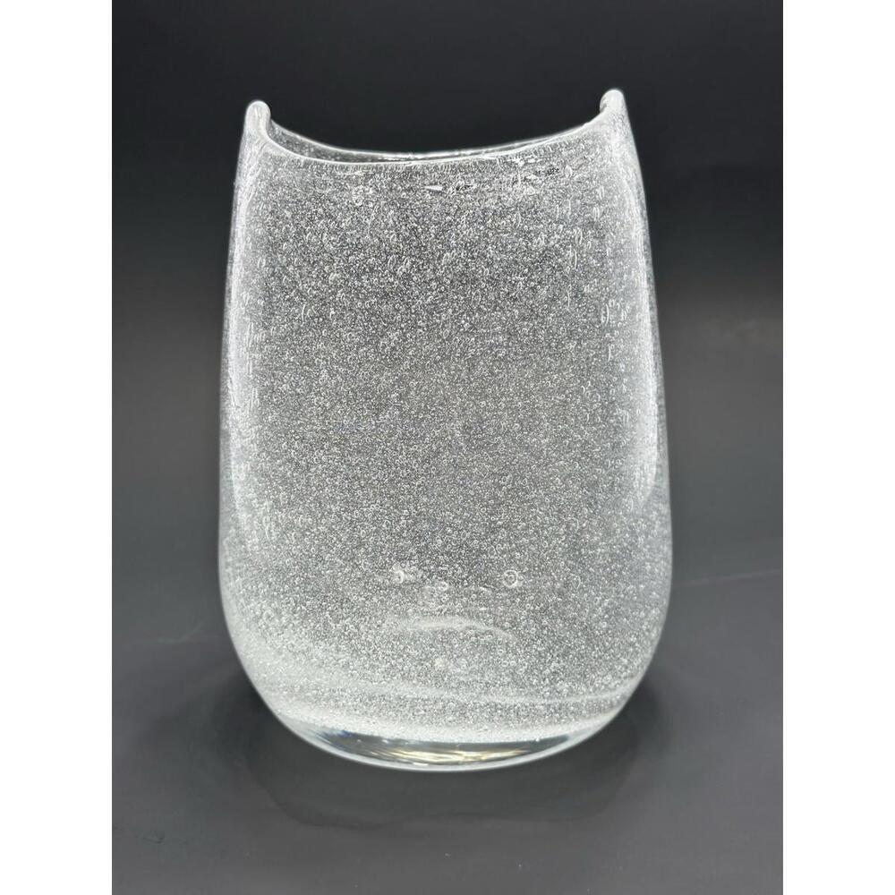 Art Glass Vase Hand Blown Clear Bubbles Irregular Shape Top Edge